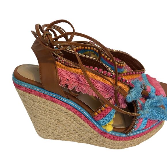 Y2K 2000s Mark Wedges Women 9 Boho Colorful 6.75” Heels Ankle Strap Rhinestone - Picture 1 of 9